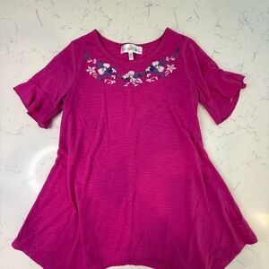Umgee Pink Blouse with Embellished Neckline and Flutter Sleeves